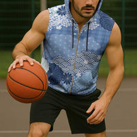 Blue Palaka Japanese Patterns Sleeveless Zip Hoodie Asanoha Seigaiha Sakura Motif - Polynesian Pride