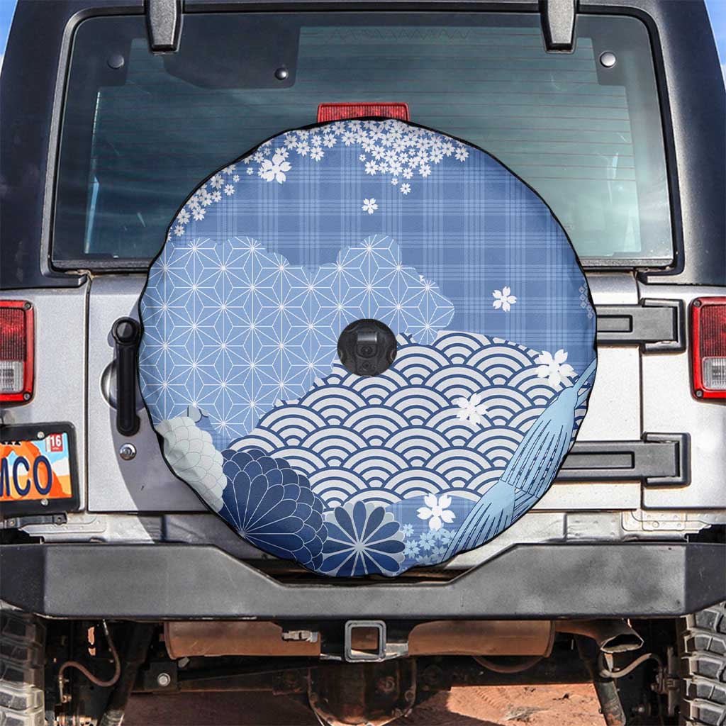 Blue Palaka Japanese Patterns Spare Tire Cover Asanoha Seigaiha Sakura Motif - Polynesian Pride