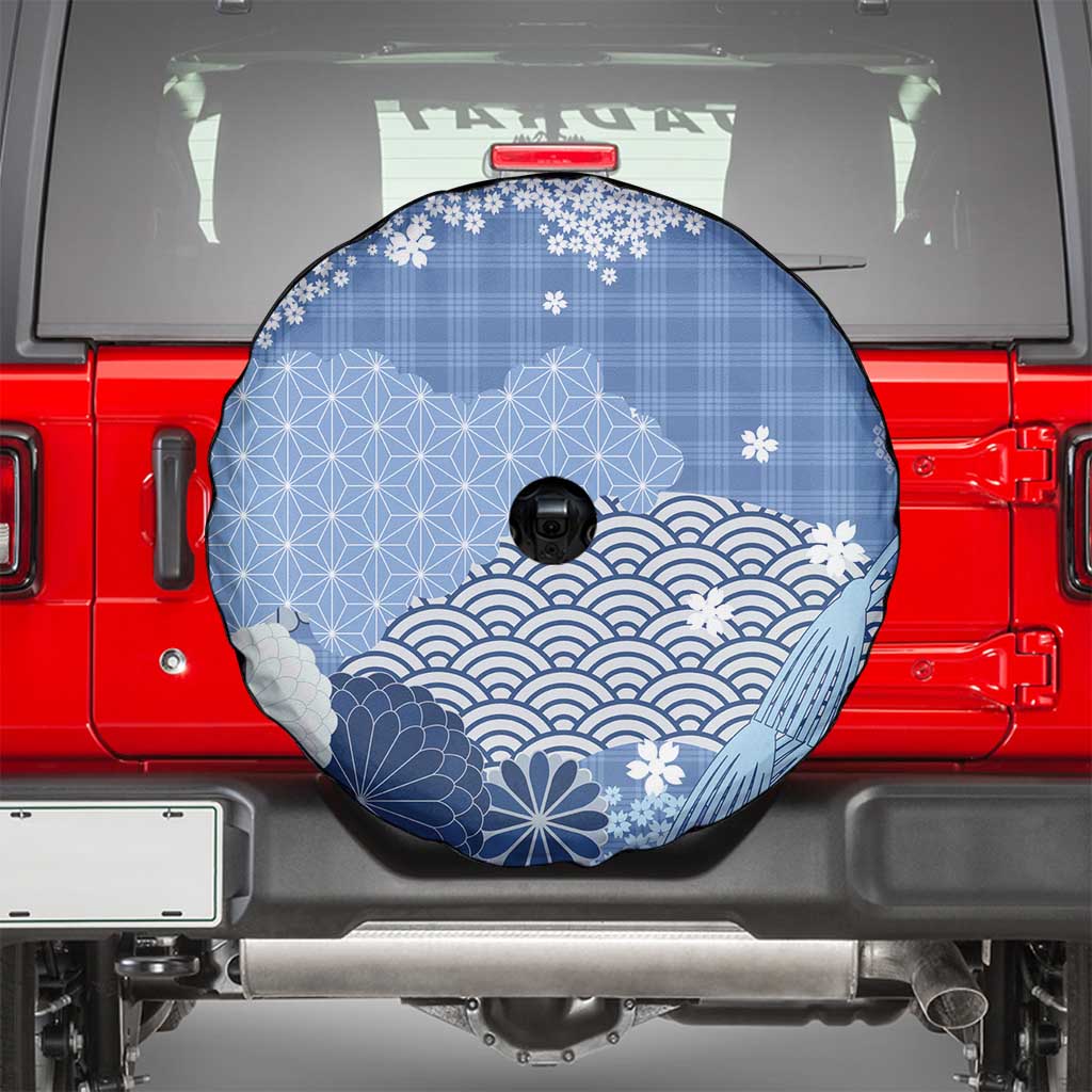 Blue Palaka Japanese Patterns Spare Tire Cover Asanoha Seigaiha Sakura Motif - Polynesian Pride