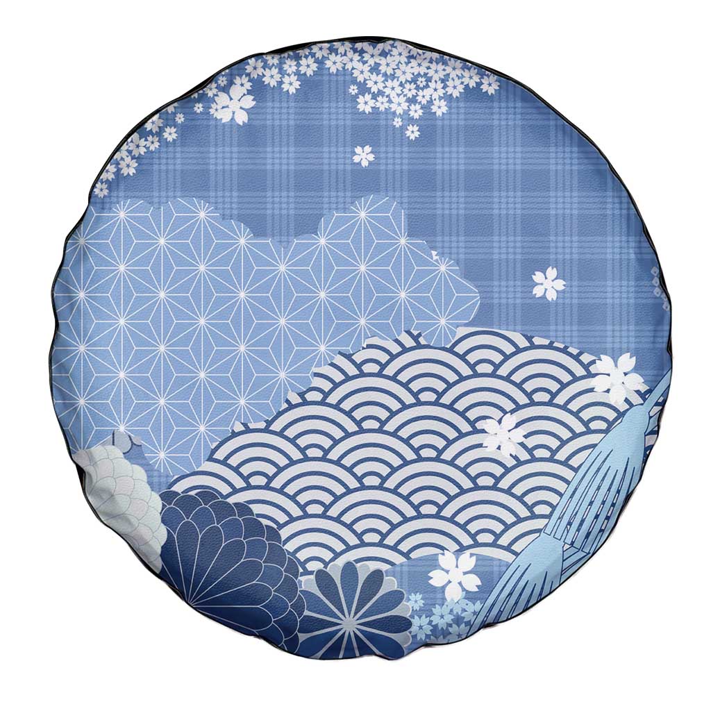 Blue Palaka Japanese Patterns Spare Tire Cover Asanoha Seigaiha Sakura Motif - Polynesian Pride