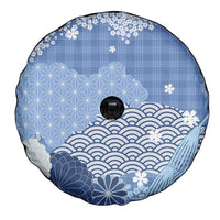 Blue Palaka Japanese Patterns Spare Tire Cover Asanoha Seigaiha Sakura Motif - Polynesian Pride