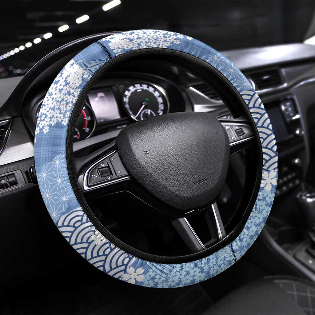 Blue Palaka Japanese Patterns Steering Wheel Cover Asanoha Seigaiha Sakura Motif - Polynesian Pride