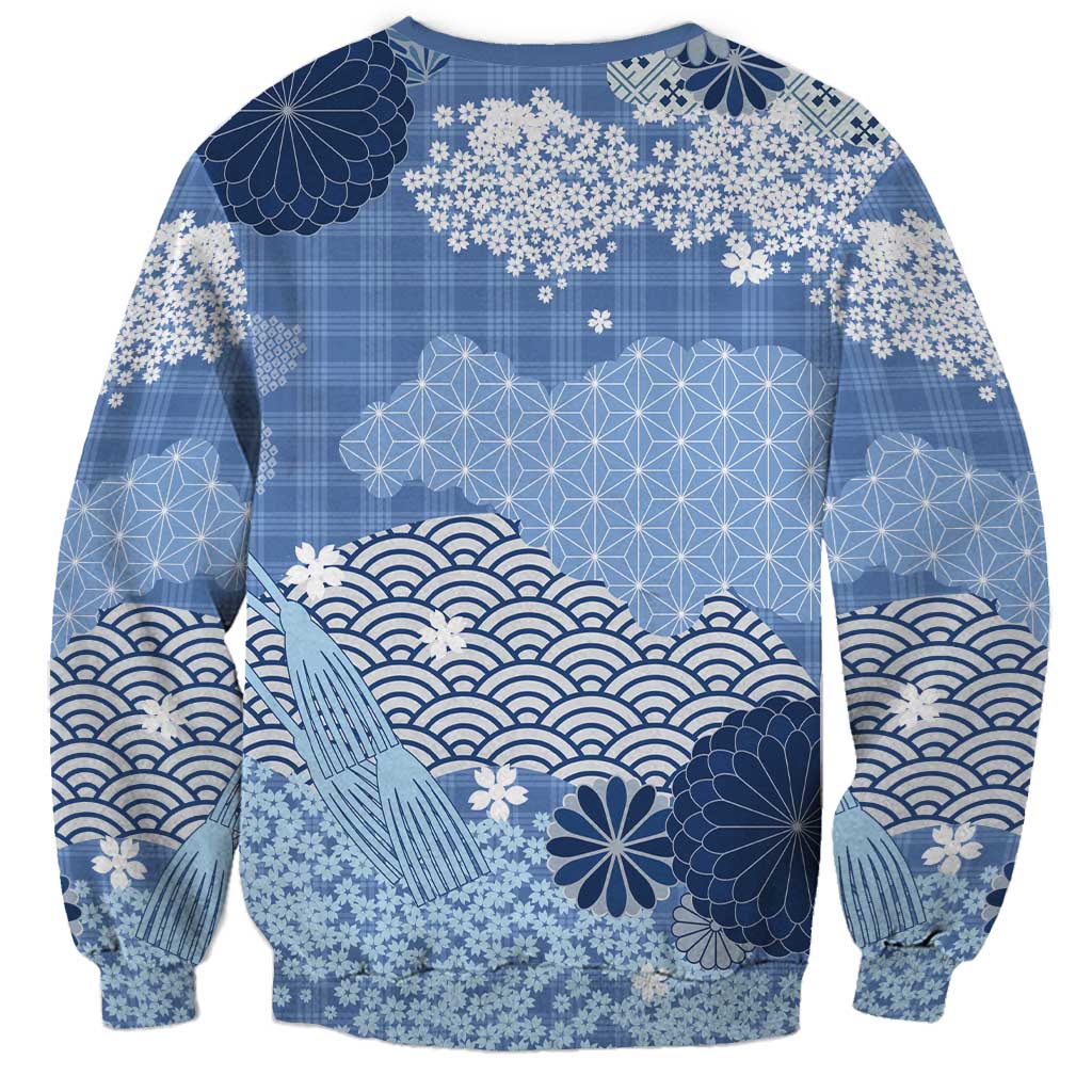 Blue Palaka Japanese Patterns Sweatshirt Asanoha Seigaiha Sakura Motif - Polynesian Pride