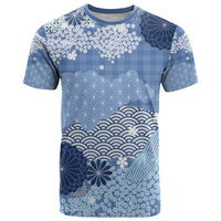 Blue Palaka Japanese Patterns T Shirt Asanoha Seigaiha Sakura Motif - Polynesian Pride