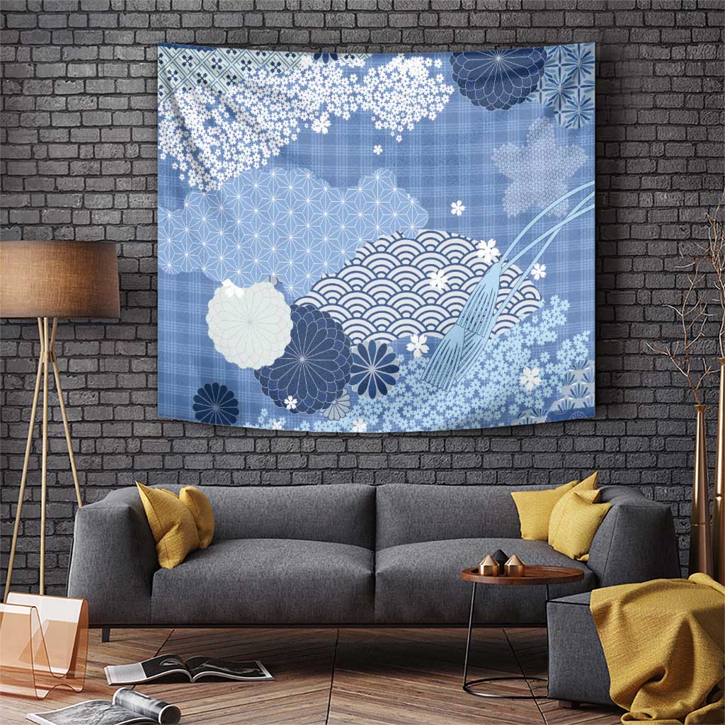 Blue Palaka Japanese Patterns Tapestry Asanoha Seigaiha Sakura Motif - Polynesian Pride