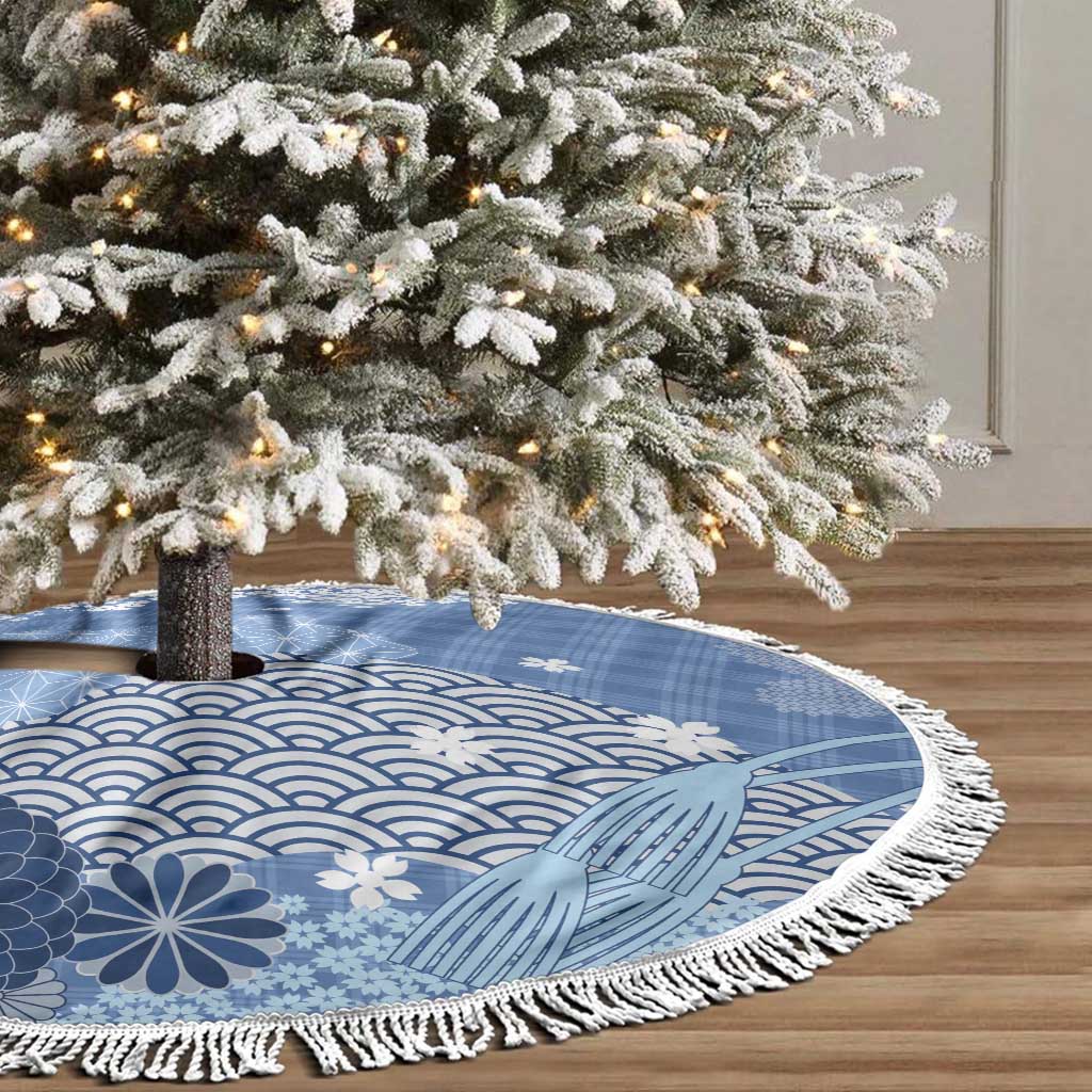 Blue Palaka Japanese Patterns Tree Skirt Asanoha Seigaiha Sakura Motif - Polynesian Pride