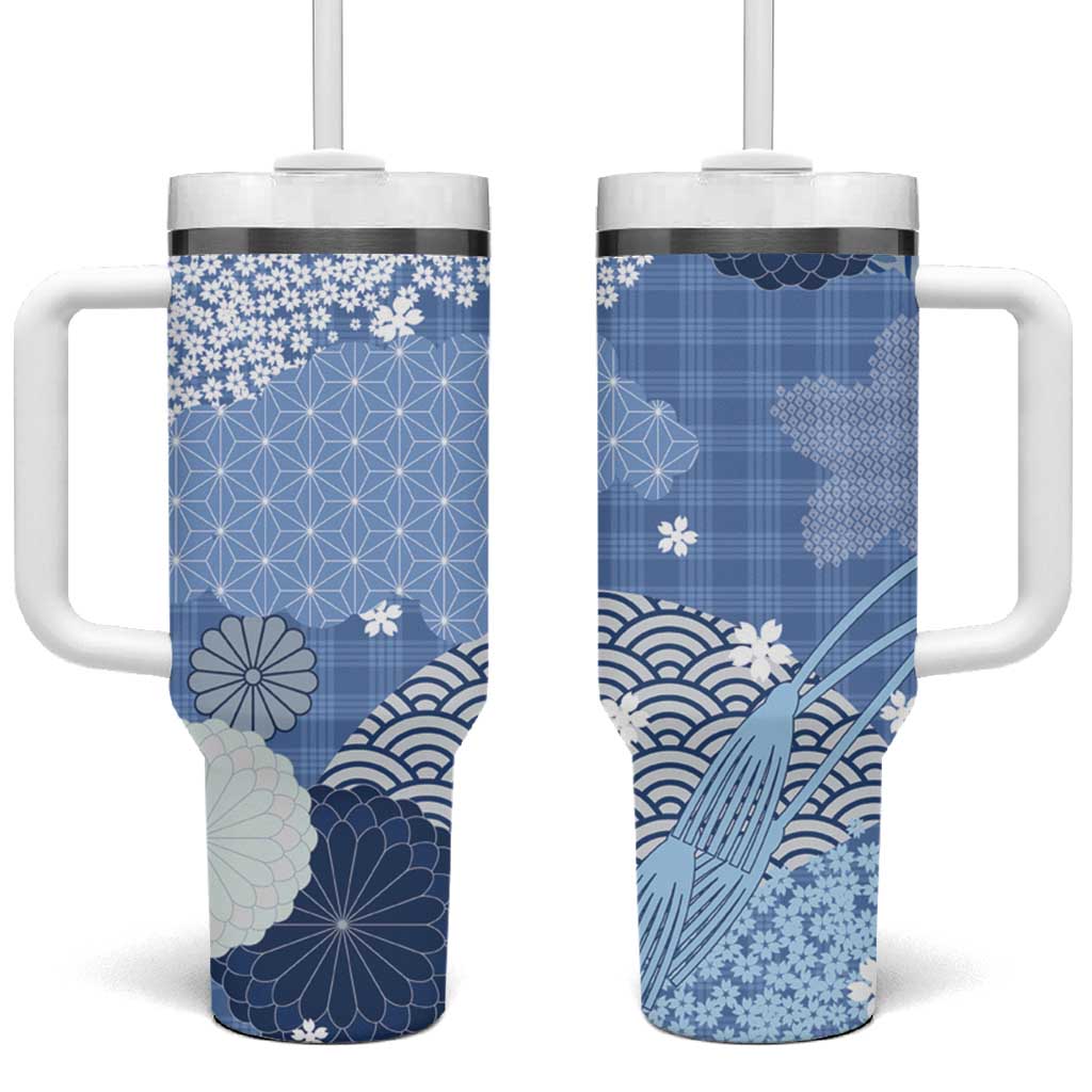 Blue Palaka Japanese Patterns Tumbler With Handle Asanoha Seigaiha Sakura Motif - Polynesian Pride