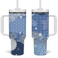 Blue Palaka Japanese Patterns Tumbler With Handle Asanoha Seigaiha Sakura Motif - Polynesian Pride