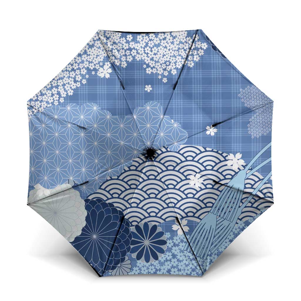 Blue Palaka Japanese Patterns Umbrella Asanoha Seigaiha Sakura Motif - Polynesian Pride