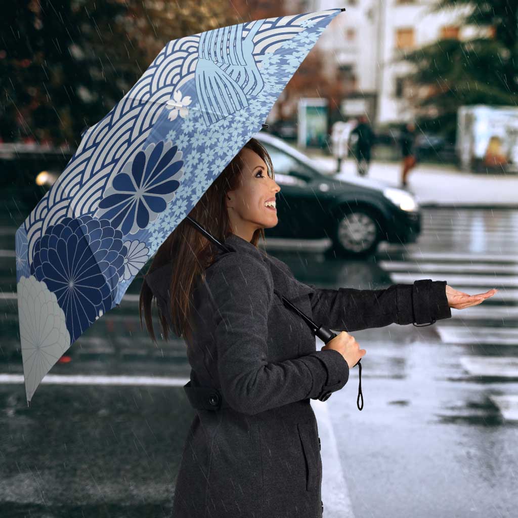 Blue Palaka Japanese Patterns Umbrella Asanoha Seigaiha Sakura Motif - Polynesian Pride
