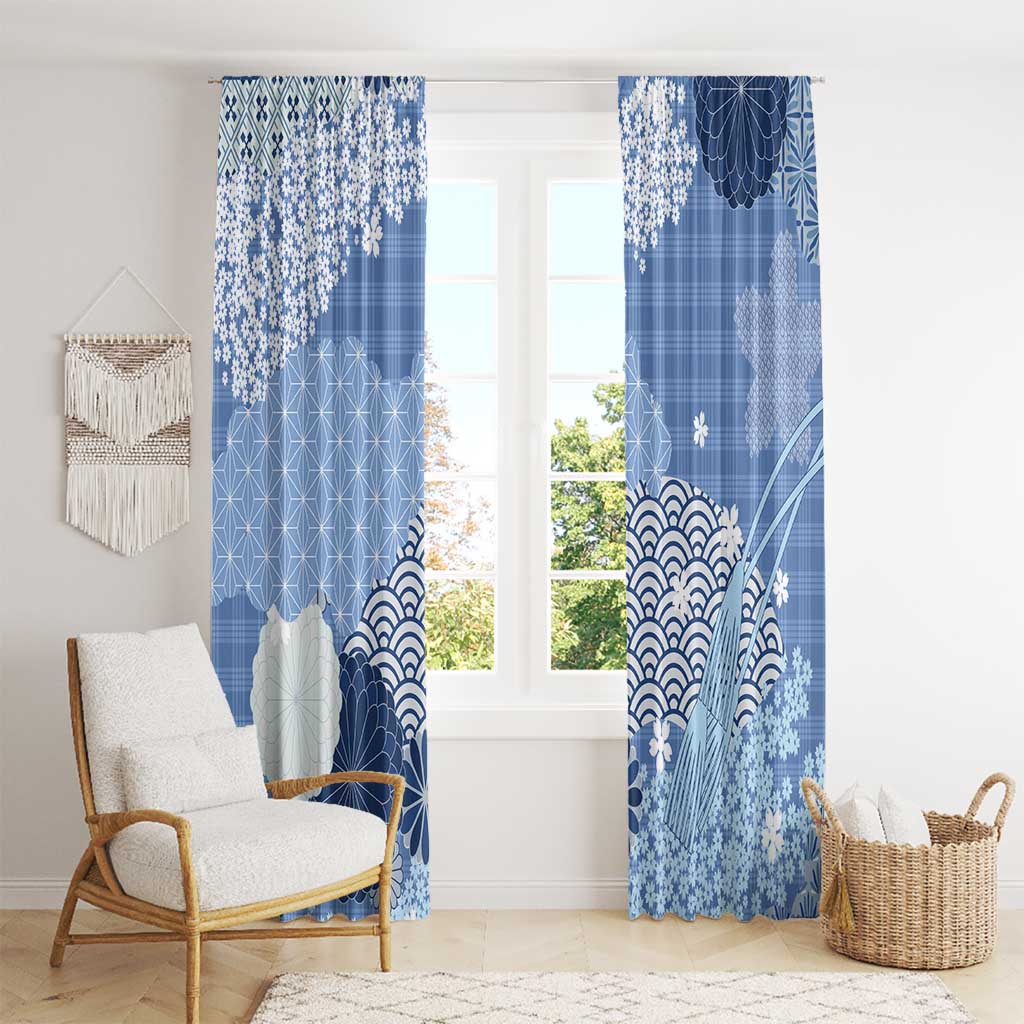 Blue Palaka Japanese Patterns Window Curtain Asanoha Seigaiha Sakura Motif - Polynesian Pride