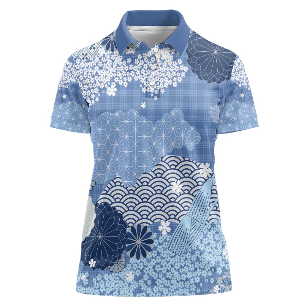 Blue Palaka Japanese Patterns Women Polo Shirt Asanoha Seigaiha Sakura Motif - Polynesian Pride