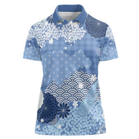 Blue Palaka Japanese Patterns Women Polo Shirt Asanoha Seigaiha Sakura Motif - Polynesian Pride
