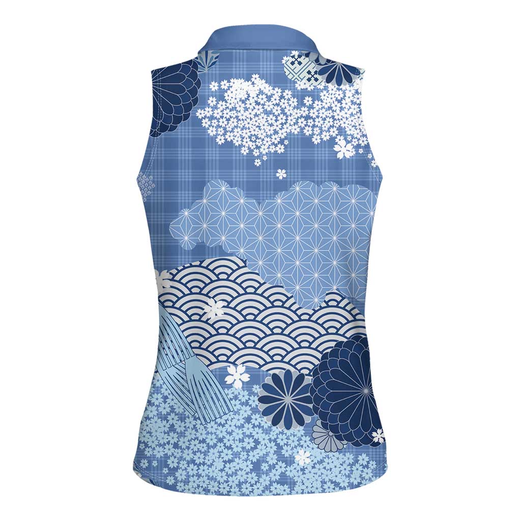 Blue Palaka Japanese Patterns Women Sleeveless Polo Shirt Asanoha Seigaiha Sakura Motif - Polynesian Pride