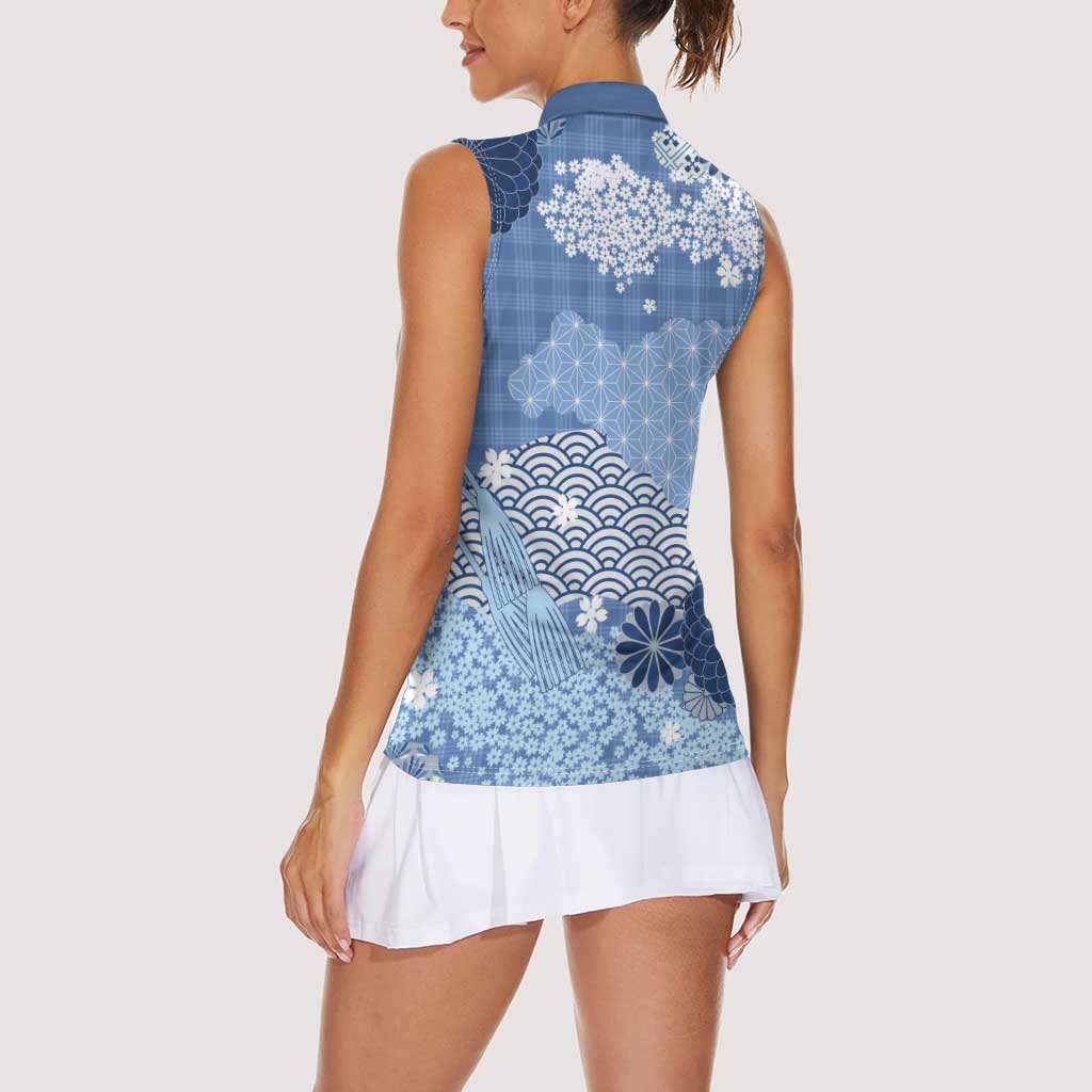 Blue Palaka Japanese Patterns Women Sleeveless Polo Shirt Asanoha Seigaiha Sakura Motif - Polynesian Pride