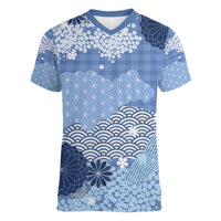 Blue Palaka Japanese Patterns Women V-Neck T-Shirt Asanoha Seigaiha Sakura Motif - Polynesian Pride