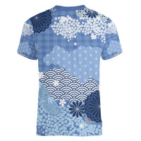 Blue Palaka Japanese Patterns Women V-Neck T-Shirt Asanoha Seigaiha Sakura Motif - Polynesian Pride