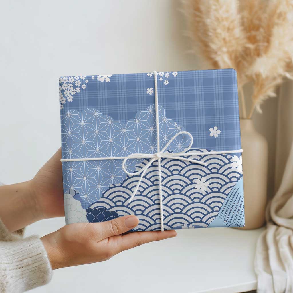 Blue Palaka Japanese Patterns Wrapping Paper Asanoha Seigaiha Sakura Motif - Polynesian Pride