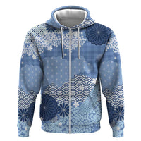 Blue Palaka Japanese Patterns Zip Hoodie Asanoha Seigaiha Sakura Motif - Polynesian Pride