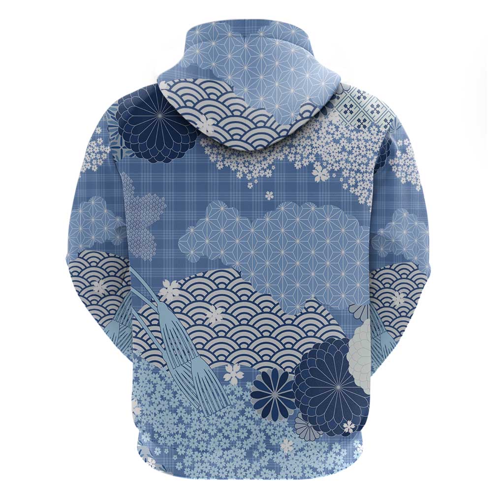 Blue Palaka Japanese Patterns Zip Hoodie Asanoha Seigaiha Sakura Motif - Polynesian Pride
