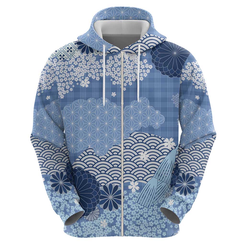 Blue Palaka Japanese Patterns Zip Hoodie Asanoha Seigaiha Sakura Motif - Polynesian Pride