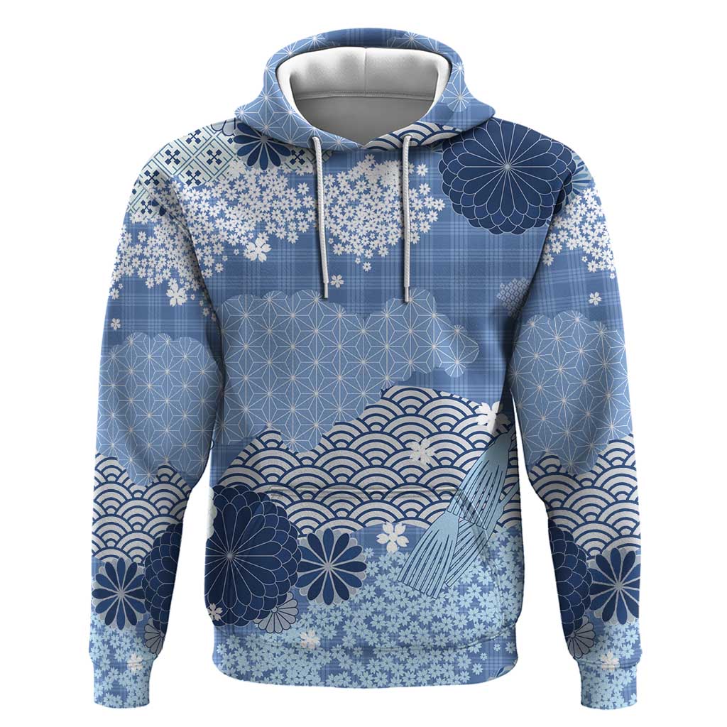 Blue Palaka Japanese Patterns Zip Hoodie Asanoha Seigaiha Sakura Motif - Polynesian Pride