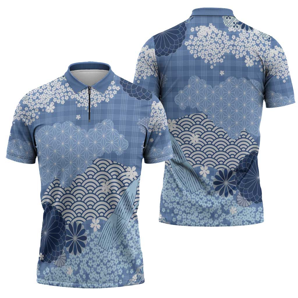 Blue Palaka Japanese Patterns Zipper Polo Shirt Asanoha Seigaiha Sakura Motif - Polynesian Pride
