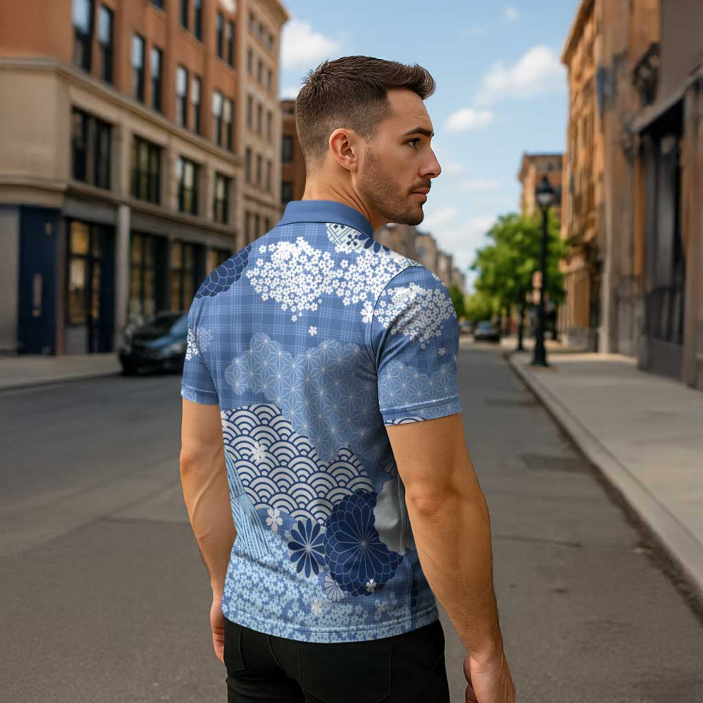 Blue Palaka Japanese Patterns Zipper Polo Shirt Asanoha Seigaiha Sakura Motif - Polynesian Pride