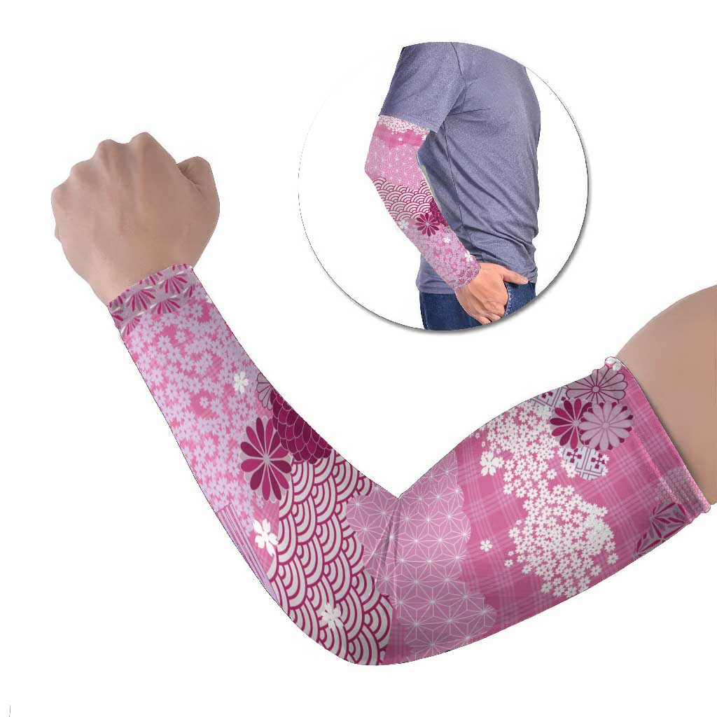Pink Palaka Japanese Patterns Arm Sleeves Asanoha Seigaiha Sakura Motif - Polynesian Pride