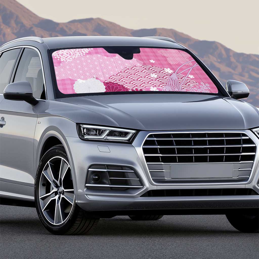 Pink Palaka Japanese Patterns Auto Sun Shade Asanoha Seigaiha Sakura Motif - Polynesian Pride