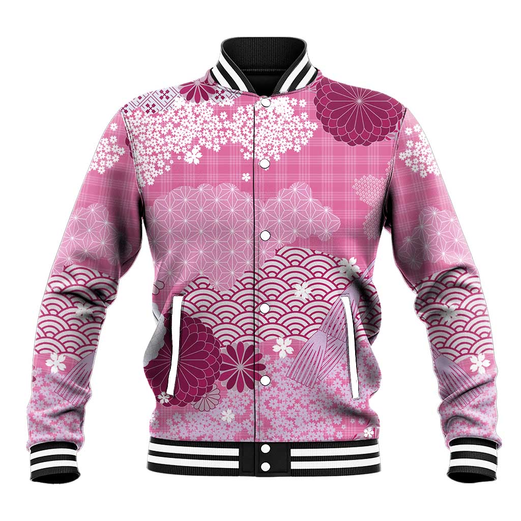 Pink Palaka Japanese Patterns Baseball Jacket Asanoha Seigaiha Sakura Motif - Polynesian Pride