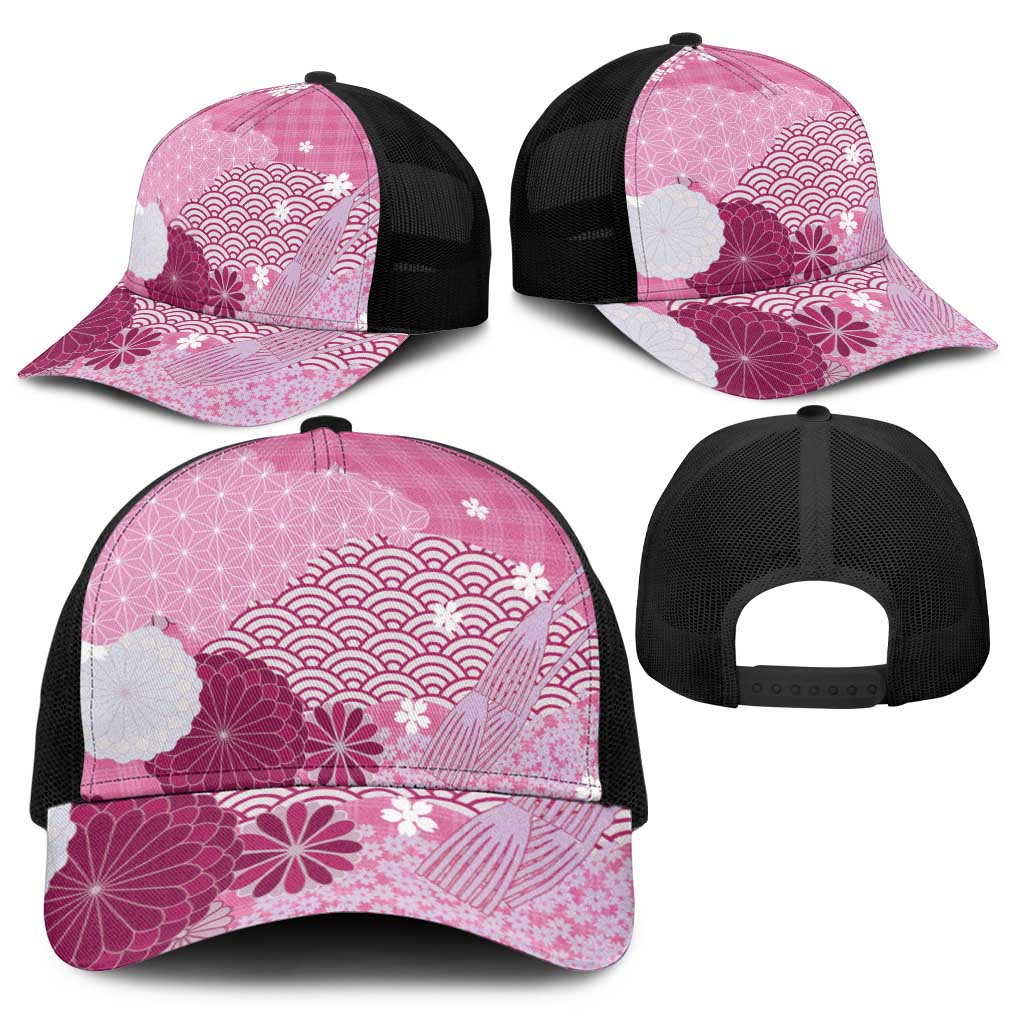 Pink Japanese Traditional Motifs Baseball Net Cap Palaka With Asanoha Seigaiha Sakura - Polynesian Pride
