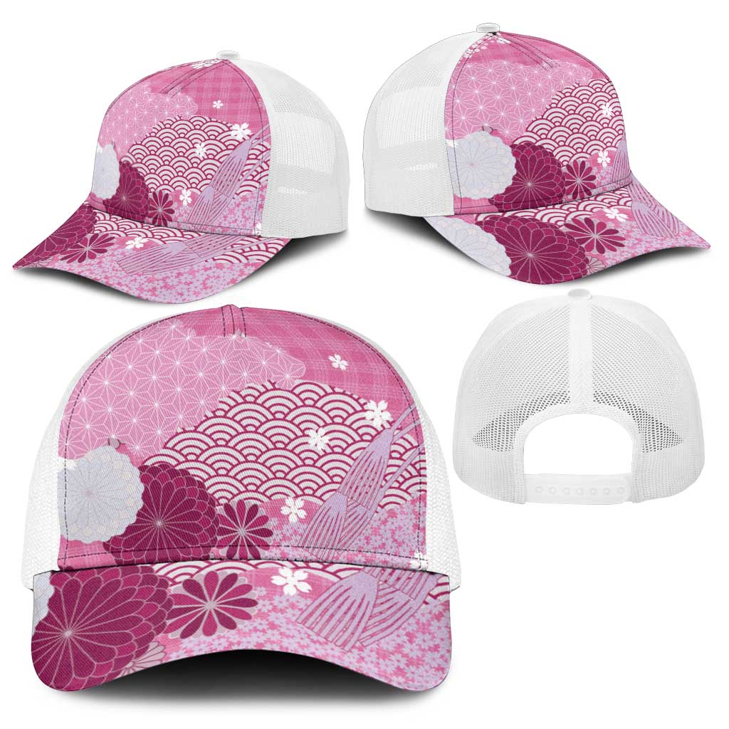 Pink Japanese Traditional Motifs Baseball Net Cap Palaka With Asanoha Seigaiha Sakura - Polynesian Pride