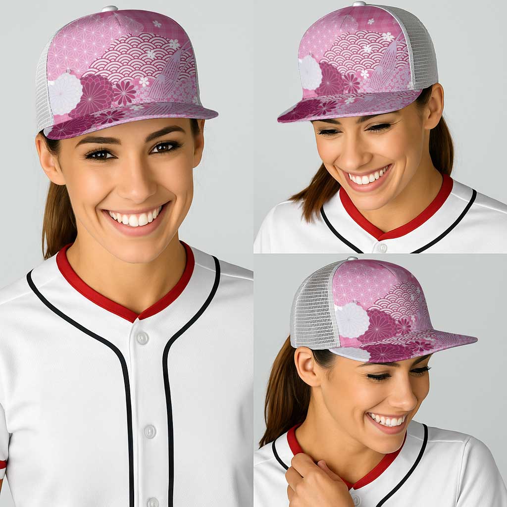 Pink Japanese Traditional Motifs Baseball Net Cap Palaka With Asanoha Seigaiha Sakura - Polynesian Pride