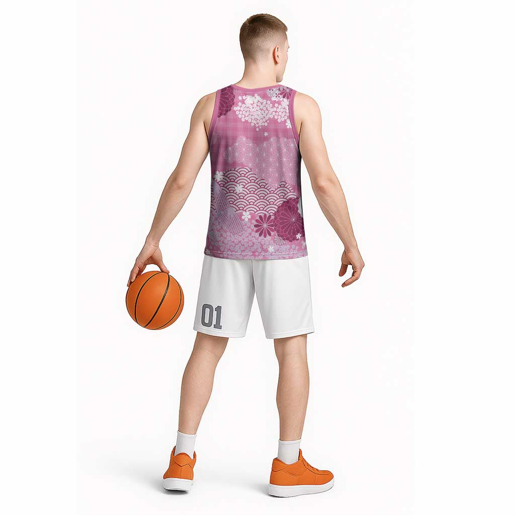 Pink Palaka Japanese Patterns Basketball Jersey Asanoha Seigaiha Sakura Motif - Polynesian Pride