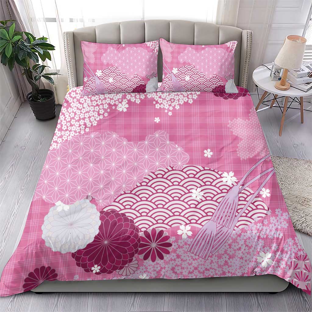 Pink Palaka Japanese Patterns Bedding Set Asanoha Seigaiha Sakura Motif - Polynesian Pride