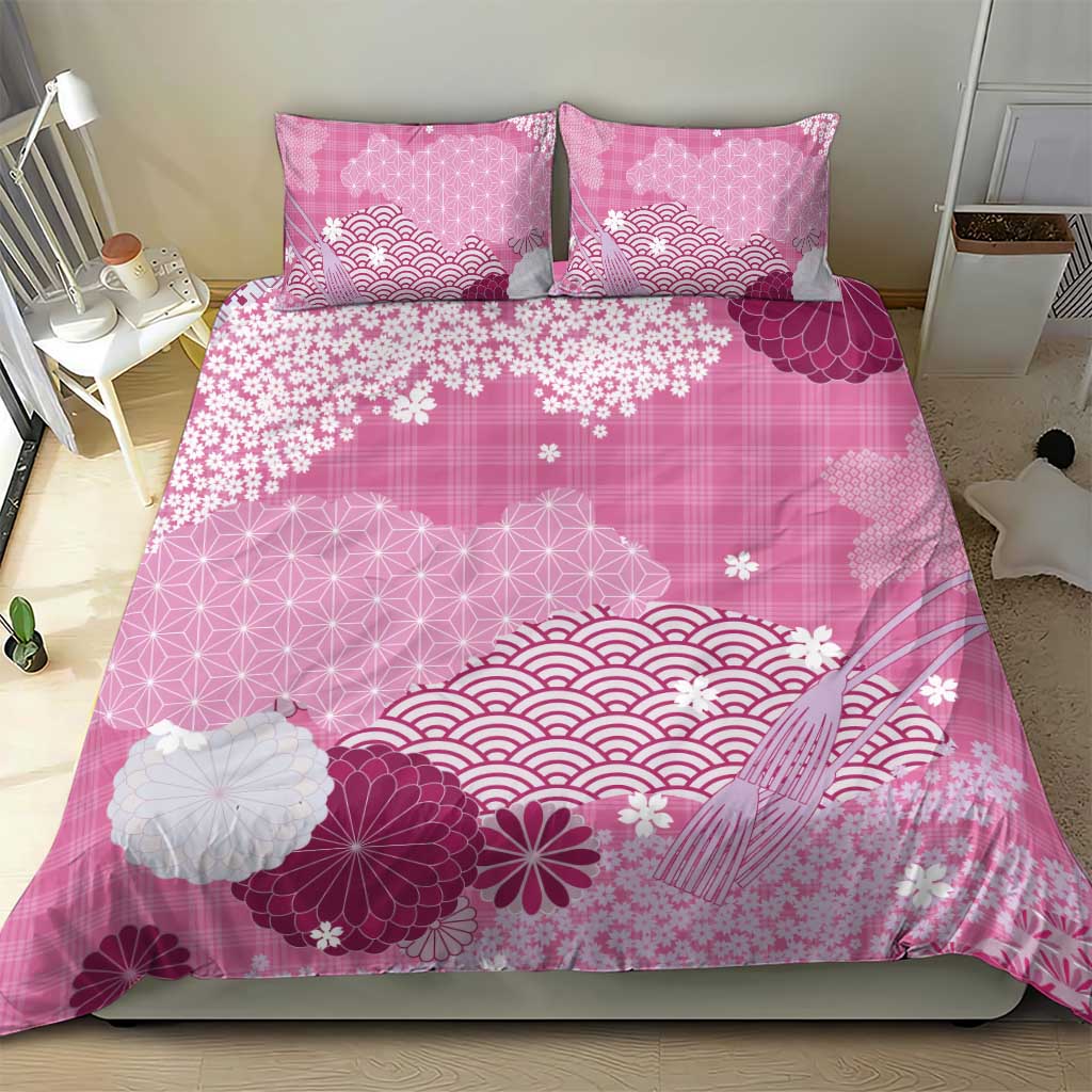 Pink Palaka Japanese Patterns Bedding Set Asanoha Seigaiha Sakura Motif - Polynesian Pride