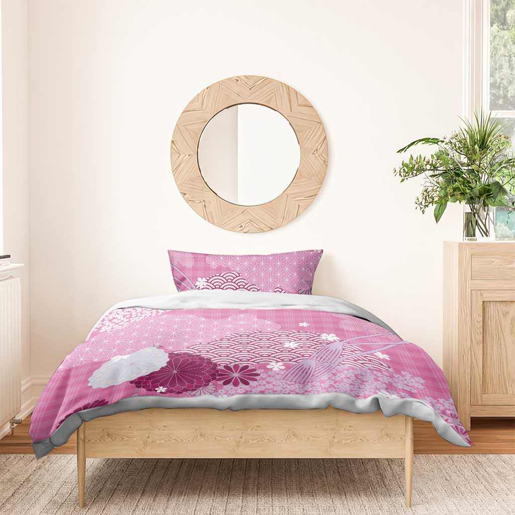 Pink Palaka Japanese Patterns Bedding Set Asanoha Seigaiha Sakura Motif - Polynesian Pride