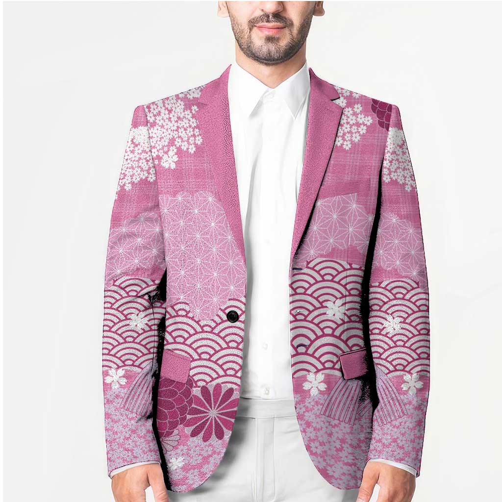 Pink Palaka Japanese Patterns Blazer Asanoha Seigaiha Sakura Motif - Polynesian Pride