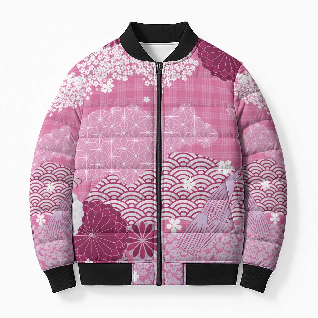 Pink Palaka Japanese Patterns Bomber Puffer Jacket Asanoha Seigaiha Sakura Motif - Polynesian Pride