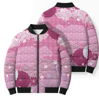 Pink Palaka Japanese Patterns Bomber Puffer Jacket Asanoha Seigaiha Sakura Motif - Polynesian Pride