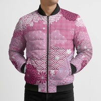 Pink Palaka Japanese Patterns Bomber Puffer Jacket Asanoha Seigaiha Sakura Motif - Polynesian Pride