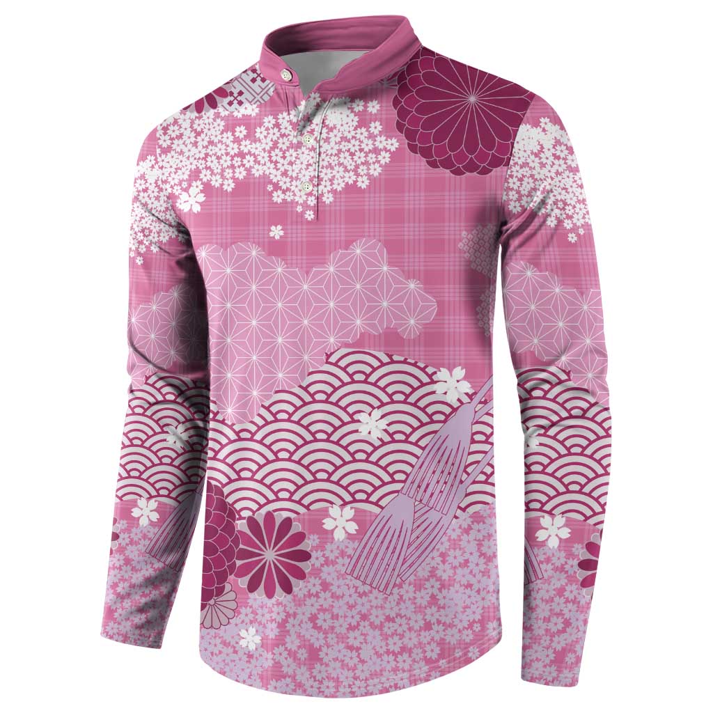 Pink Palaka Japanese Patterns Button Sweatshirt Asanoha Seigaiha Sakura Motif - Polynesian Pride