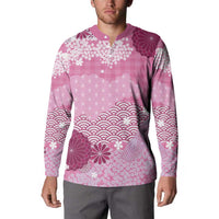Pink Palaka Japanese Patterns Button Sweatshirt Asanoha Seigaiha Sakura Motif - Polynesian Pride