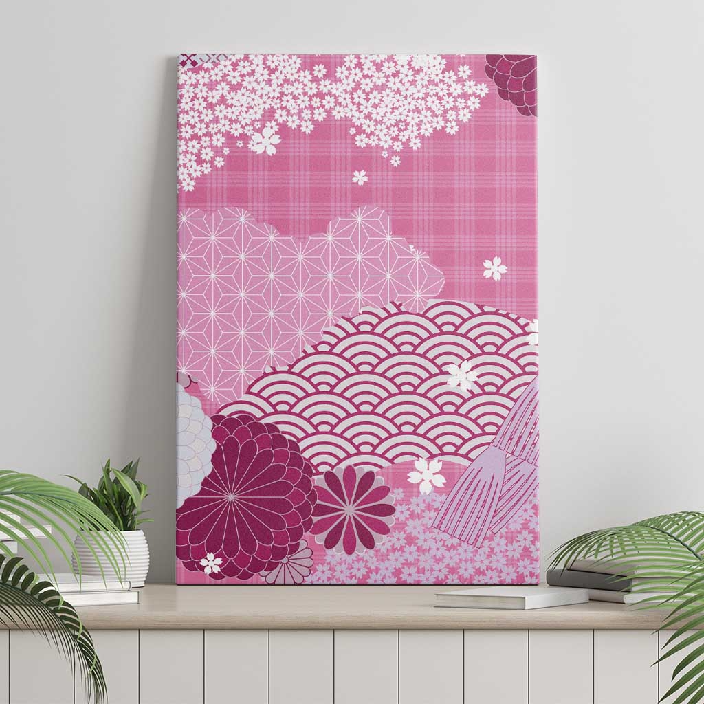 Pink Palaka Japanese Patterns Canvas Wall Art Asanoha Seigaiha Sakura Motif - Polynesian Pride
