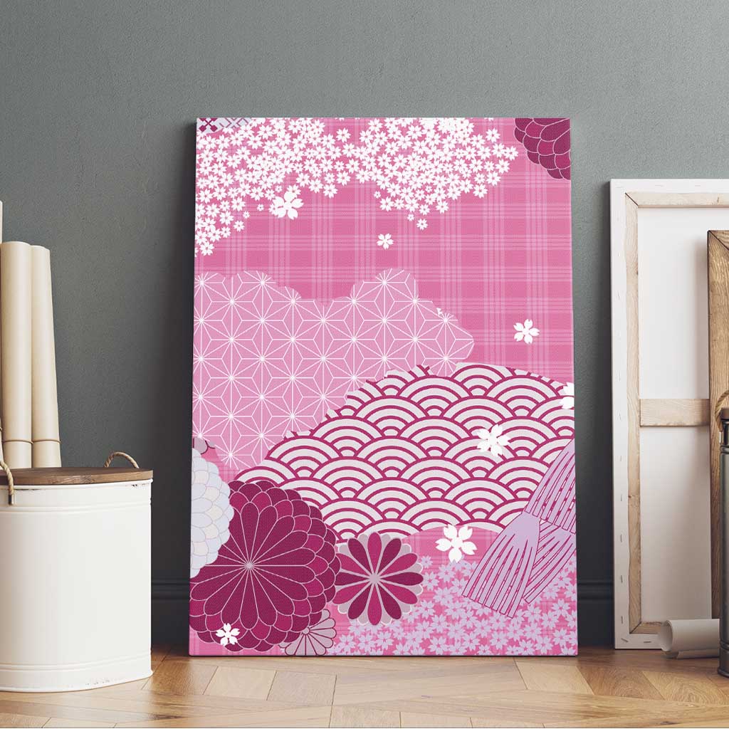 Pink Palaka Japanese Patterns Canvas Wall Art Asanoha Seigaiha Sakura Motif - Polynesian Pride
