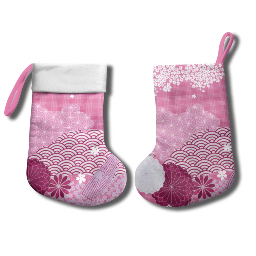 Pink Palaka Japanese Patterns Christmas Stocking Asanoha Seigaiha Sakura Motif - Polynesian Pride