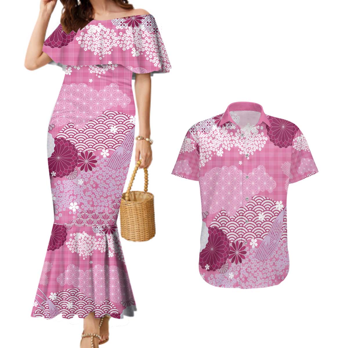 Pink Palaka Japanese Patterns Couples Matching Mermaid Dress and Hawaiian Shirt Asanoha Seigaiha Sakura Motif - Polynesian Pride