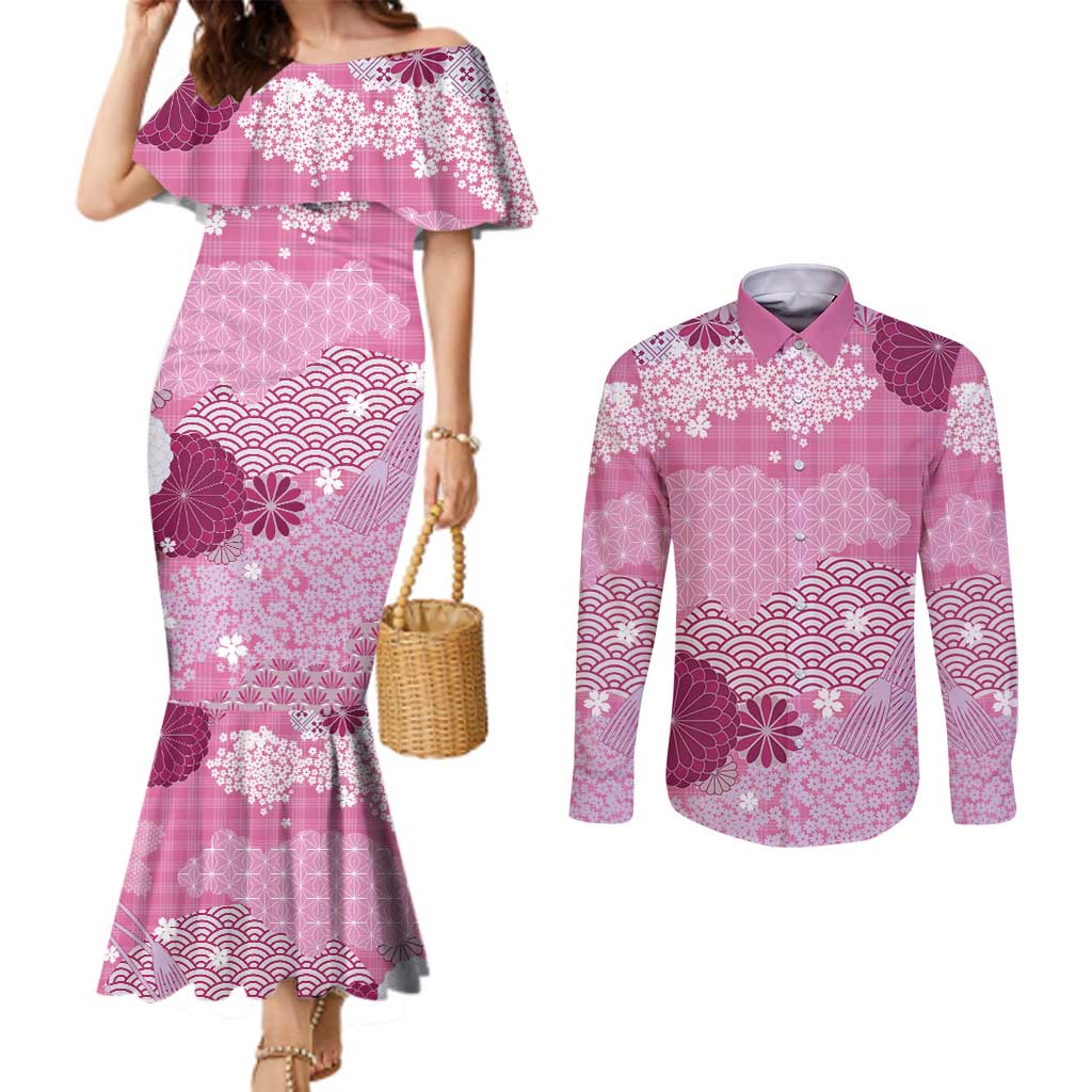 Pink Palaka Japanese Patterns Couples Matching Mermaid Dress and Long Sleeve Button Shirt Asanoha Seigaiha Sakura Motif - Polynesian Pride