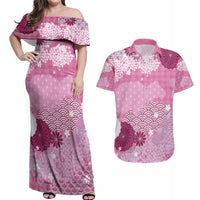 Pink Palaka Japanese Patterns Couples Matching Off Shoulder Maxi Dress and Hawaiian Shirt Asanoha Seigaiha Sakura Motif - Polynesian Pride